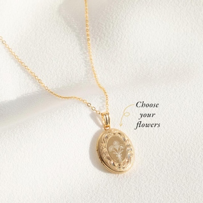 Custom Photo Locket Necklace with Engraved Birth Flower, Sterling Silver 925 Vintage Pendant Jewelry, Birthday/Mother's Day Gift for Her/Mom/Grandma