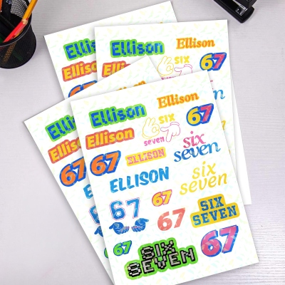 Personalisierte, wasserfeste Aufkleber im Six Seven Design mit Namen, Schulaufkleber, Geburtstags-/Schulanfangsgeschenk für Teenager der Generation Z