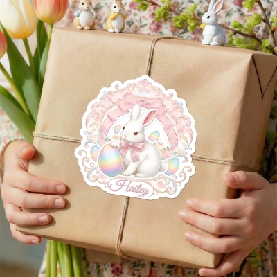 Personalisierte Namenshasen-Regenbogeneier-Osteraufkleber, Vintage-Geschenkanhänger, Etiketten für Geschenktüten, Gastgeschenke für Osterpartys, Ostergeschenke für Kinder/Jungen/Mädchen