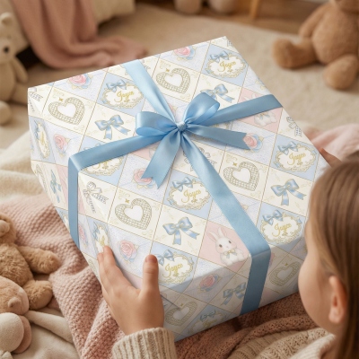 (3er-Set) Personalisierte Ostergeschenkpapiere mit Hasen-Schleife und Schachbrettmuster, A3/A2/Standard, Shabby Chic Geschenkpapier für Ostern/Geburtstagsgeschenke für Kinder