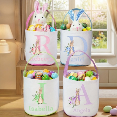 Personalized Name Floral Peter Rabbit Alphabet Polka Dots Easter Basket, Easter Egg Hunt Bucket Bag, Large Capacity Goodie Bag, Easter Gift for Kids
