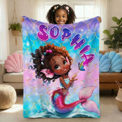 Personalisierte Namensdecke mit Meerjungfrauenmotiv, weiche Flanell-/Sherpa-Überwurf für Bett und Sofa, Kinderzimmer-/Wohnzimmerdekoration, Geschenk zur Babyparty/zum Geburtstag für Kinder/Mädchen