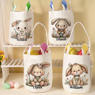 Personalisierter Osterkorb mit niedlichem Hasenmotiv, Baumwoll-Leinen-Osterbeutel mit Hasenohren, Gastgeschenk für Osterpartys, Ostergeschenk für Kinder