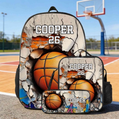 Personalisierter Sportball-Rucksack mit Namen und Nummer, inklusive Federmäppchen und Lunchtasche, geräumiger Schulrucksack, ideales Geschenk zum Schulanfang oder Geburtstag für Jungen und Sportbegeisterte
