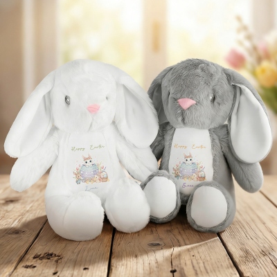 Personalisierter Name Aquarell-Kaninchen mit zerbrochenem Ei, fröhliches Osterhasen-Plüschtier, weiches Plüschkaninchen, Kinderzimmerdekoration, Ostergeschenk für Neugeborene/Kinder