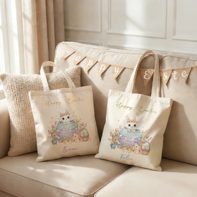 Personalized Name Watercolor Cracked Egg Bunny Canvas Tote Bag, Happy Easter Egg Hunt Bag, Large Capacity Handbag with Handle, Easter Gift for Kids