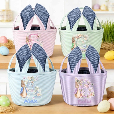 Panier de Pâques personnalisé avec prénom Peter Rabbit, motif floral et alphabet, oreilles de lapin, panier pour la chasse aux œufs, sac à surprises de Pâques en seersucker, cadeau de Pâques pour enfants