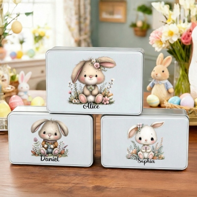 Personalisierte Dose mit niedlichem Hasenmotiv und Blumenmuster, inklusive Deckel, für Kekse und Süßigkeiten, aus Weißblech, Geburtstags-/Ostergeschenk für Kinder/Jungen/Mädchen
