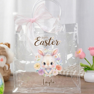 Personalisierte Ostergeschenktüte mit Namen, Blumen- und Tiermotiven, rosa Schleife, durchsichtige PVC-Eiersuchtüte, Gastgeschenk, Oster-/Geburtstagsgeschenk für Kinder/Mädchen/Jungen