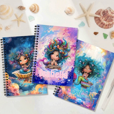 Individuell gestaltetes Notizbuch mit Meerjungfrauen-Motiv, Spiralbindung und Namen, Aquarell-A5-Spiraljournal, Geschenk zum Geburtstag/Schulbeginn/Schulstart für Mädchen/Kinder