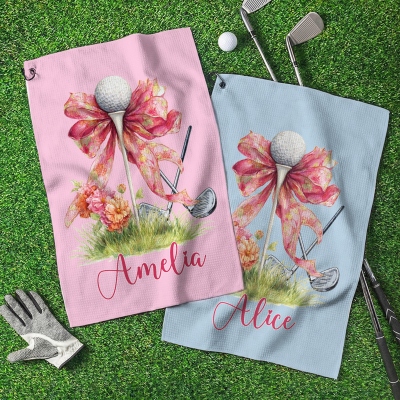 Custom Watercolor Floral Bow Golf Towel with Name, Waffle Weave Sports Towel with Hanging Clip, Birthday/Mother‘s Day Gift for Golf Lovers/Players/Her