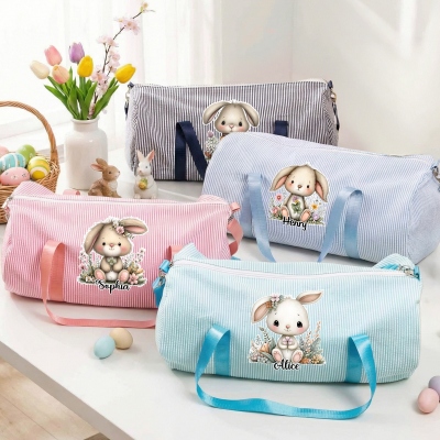 Personalisierte Mini-Reisetasche aus Seersucker mit niedlichem Hasenmotiv und Blumenmuster, ideal als Kinderreisetasche oder Geschenk zum Kindertag, Geburtstag oder Ostern für Kinder (Jungen und Mädchen).