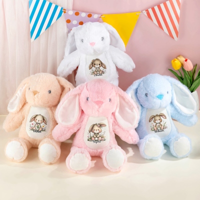 Personalisierte, niedliche Cartoon-Hasenpuppe mit Blumenmuster, weiches Plüschtier, Kinderzimmerdekoration, Geburtstags-/Ostergeschenk für Neugeborene/Kinder