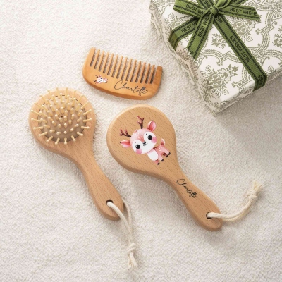 Personalisiertes Babybürsten- und Kamm-Set mit Waldtiermotiven, 3-teilig, aus Holz, Babyhaarbürsten- und Kamm-Set, Geschenk zur Babyparty/zum Geburtstag für Neugeborene/Kinder/Kleinkinder