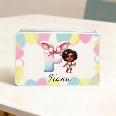 Personalisierte Namensdose mit Hasenohren, Schleife und Buchstabenmotiv für Mädchen, Keksdose mit Deckel, Bonbondose, Blechdose, Geburtstags-/Ostergeschenk für Mädchen