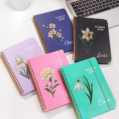 Personalized Name Mother of Pearl Effect Birth Flower Planner, A5 Spiral Notebook with Elastic Band & Weekly Planner Pages, Birthday Gift for Women