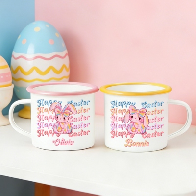 Personalisierter Osterbecher mit Hasenmotiv (Y2K-Design) aus Emaille, 350 ml, mit Henkel, ideal als Campingbecher aus Zinn, Gastgeschenk für Ostern, Ostergeschenk für Kinder/Jungen/Mädchen