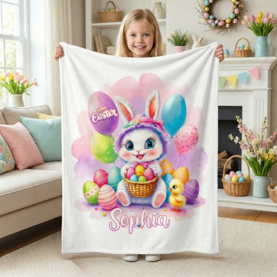 Personalized Happy Easter Bunny & Colorful Eggs Blanket with Name, Flannel/Sherpa Soft Bed Couch Throw, Nursery Decor, Easter Gift for Kids/Boys/Girls