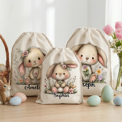 Personalisierte Ostertüte mit niedlichem Hasenmotiv und Blumenmuster, Ostereiersuche-Sack aus Canvas mit Kordelzug, Ostergeschenk für Kinder/Jungen/Mädchen