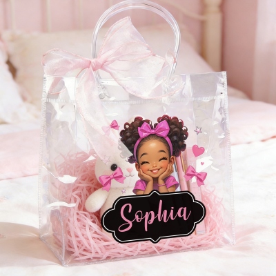 Personalisierte Geschenktüte mit Namen, Cartoon-Motiv für kleine schwarze Mädchen, rosa Schleife, durchsichtige PVC-Ostereiersuche-Tasche, Geburtstags-/Ostergeschenk für kleine Mädchen mit Afroamerikanern