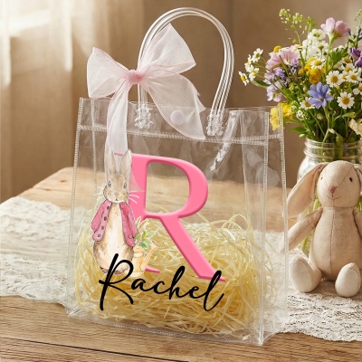 Personalisierte Ostergeschenktüte mit Peter-Rabbit-Alphabet und rosa Schleife, durchsichtige PVC-Ostereiersuche-Tasche, Geburtstags-/Ostergeschenk für Kinder/Jungen/Mädchen