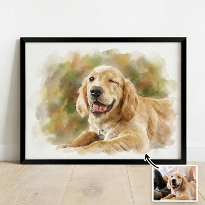 Custom Photo & Name Watercolor Pet Portrait Wall Art, Oil Canvas Poster/Frameless/Framed Painting Sign, Home Decor, Memorial Gift for Pet Lover/Owner