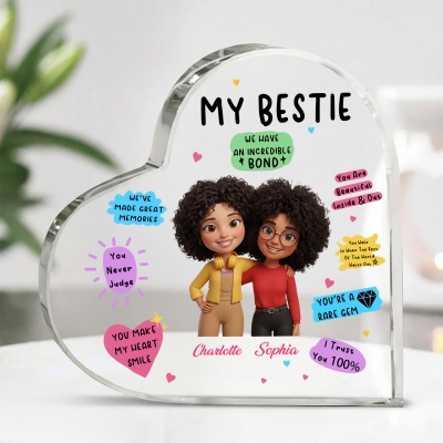 Personalisierte Acrylplakette in Herzform mit Foto und Namen, Cartoon-Motiv für beste Freundinnen, Erinnerungsstück an die Freundschaft, Geschenk für beste Freundinnen/Schwestern/Freundinnen