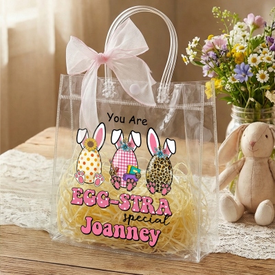 Personalized Name You Are Egg-Stra Special Bunny Eggs Gift Bag with Pink Bow Ribbon, PVC Clear Easter Egg Hunt Bag, Easter Gift for Kids/Boys/Girls