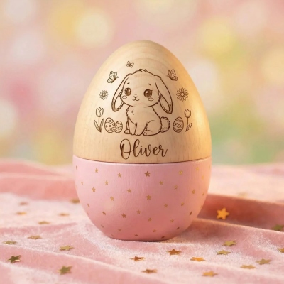 Personalized Hollow Wooden Easter Egg, Bunny Name Engraved Egg, Easter Basket Stuffer, Baby First Easter Gift & Reusable Keepsake Box