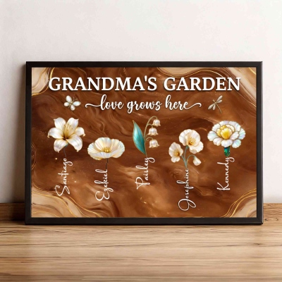 Personalized Names Birth Flowers Grandma's Garden Wall Art, Family Floral Canvas Painting Sign, Birthday/Mother's Day Gift for Mom/Grandma
