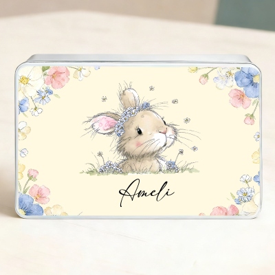Personalisierte Namens-Leckerlidose mit Blumen-Cartoon-Hasenmotiv und Deckel, Keksdose, Bonbondose, Weißblechbehälter, Geschenk zum Kindertag/Geburtstag für Kinder/Jungen/Mädchen