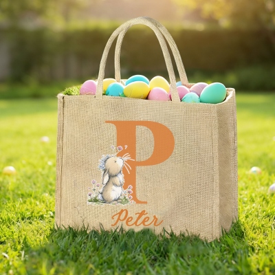 Personalisierte Jute-Tragetasche mit Blumenmuster, Hasenmotiv und Alphabet, großes Fassungsvermögen, Ostereiersuche-Tasche, Gastgeschenk für Ostern, Geburtstags-/Ostergeschenk für Kinder/Frauen