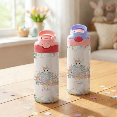 Personalisierte Wasserflasche mit Namen, Motiv: Zerbrochenes Ei und Hase, Edelstahlbecher (350 ml) mit Silikonstrohhalm und auslaufsicherem Deckel, ideales Geburtstags- oder Ostergeschenk für Kinder
