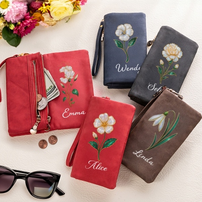 Custom Name Mother of Pearl Effect Birth Flower Tri-Fold Wallet, Leather Wallet Card Phone Holder with Wrist Strap, Birthday Gift for Her/Mom/Women