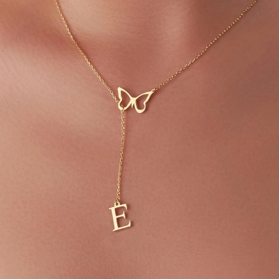 Personalized Dainty Butterfly Initial Lariat Necklace, Sterling Silver 925 Y Necklace with Dangling Letter, Women's Jewelry, Birthday Gift for Her
