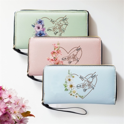 Custom Names Birth Flower Heart Family Fists Bump Leather Wallet, Zip Around Clutch Purse with Wrist Strap, Birthday/Mother's Day Gift for Mom/Grandma