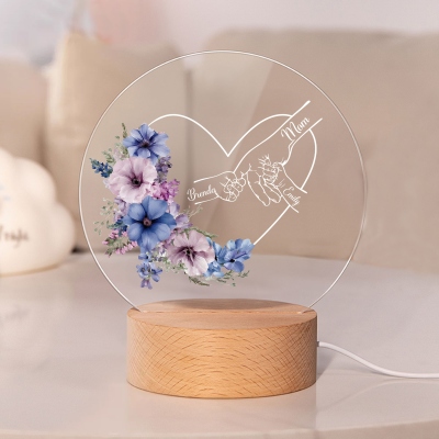 Custom Names Birth Flower Heart Family Holding Hands LED Night Light, Acrylic Night Lamp with Wooden Base, Birthday/Mother's Day Gift for Mom/Grandma