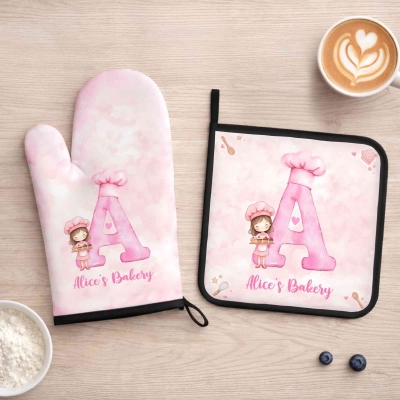 Personalisiertes Ofenhandschuh- und Topflappen-Set mit Namen und Initialen, Aquarell-Cartoon-Motiv für Jungen/Mädchen, Einzugs-/Geburtstagsgeschenk für Kinder
