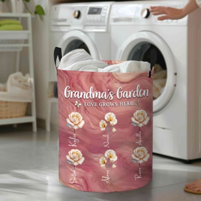 Custom Names & Birth Flowers Grandma's Garden Storage Basket with Handles, Large Capacity Laundry Basket, Birthday/Mother's Day Gift for Mom/Grandma