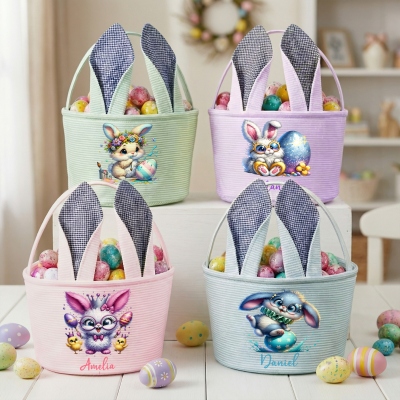 Personalized Name Cartoon Quirky Bunny Easter Basket with Rabbit Ears, Seersucker Large Capacity Easter Egg Hunt Bucket Bag, Easter Gift for Kids