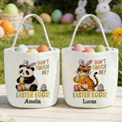 Personalized Name Don't Touch My Easter Eggs Bunny Ears Animal Design Easter Basket, Large Capacity Canvas Goodie Bag, Easter Gift for Kids/Boys/Girls