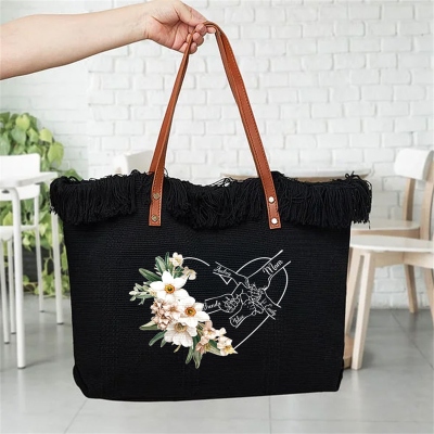 Custom Names Birth Flower Heart Family Fists Bump Fringe Tote Bag, Canvas Beach Bag with Leather Handles, Birthday/Mother's Day Gift for Mom/Grandma