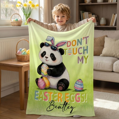 Personalized Name Don't Touch My Easter Eggs Bunny Ears Animal Design Blanket, Flannel/Sherpa Bed Couch Throw, Easter Gift for Kids/Boys/Girls