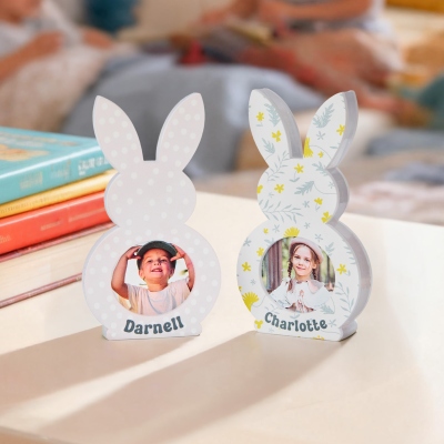 Personalized Photo Easter Bunny Shaped Frame with Name, Flowers/Polka Dots Design Rabbit Photo Frame, Table Decor, Birthday/Easter Gift for Kids