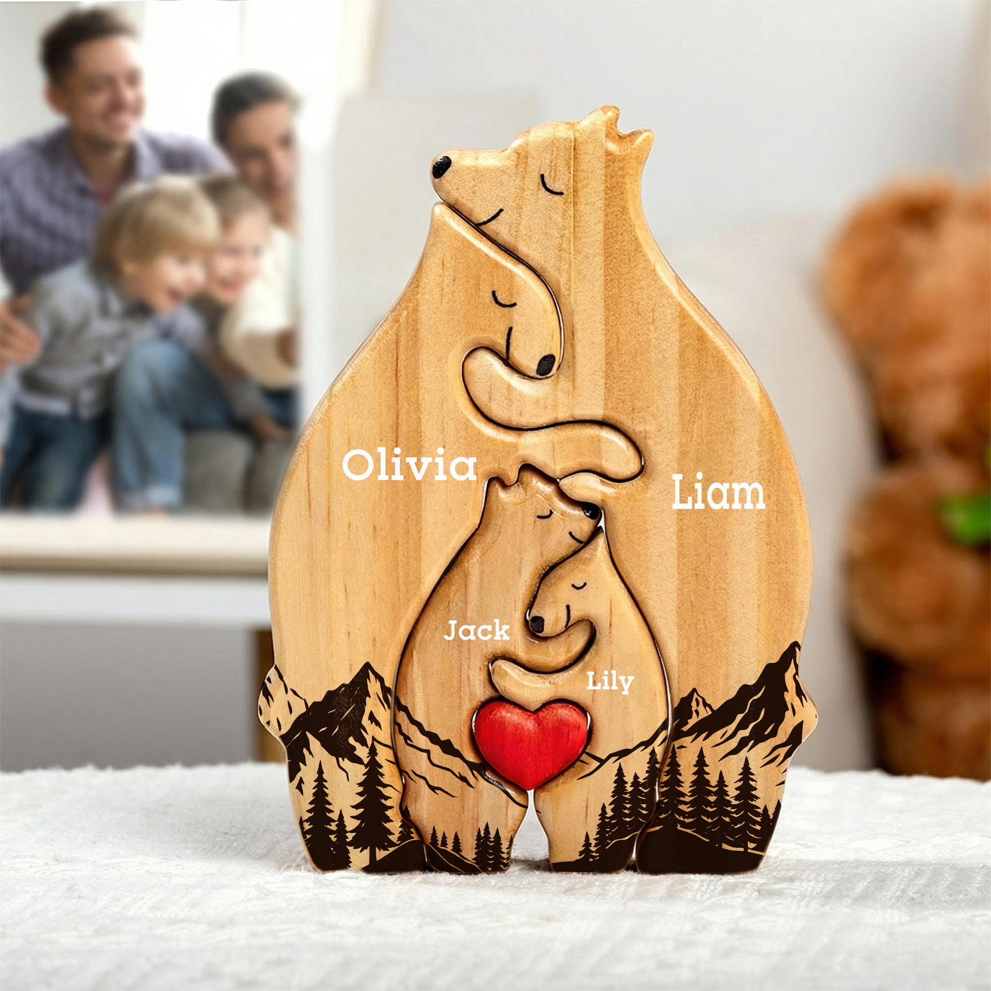 Personalized 2-8 Names Red Heart Hugging Bear Family Puzzle, Wooden Family Keepsake, Birthday/Mother's Day/Father's Day Gift for Mom/Dad/Grandparents