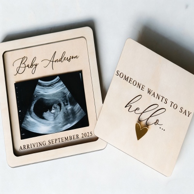 Personalized Name Pregnancy Announcement Frame with Ultrasound Photo, Wooden Baby Arriving Reveal Keepsake, Gift for New Parent/Grandparent/Family
