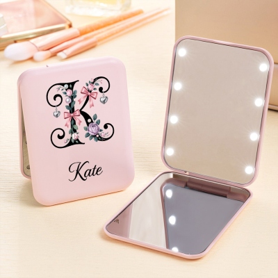 Personalized Name Floral Bow Pearl Alphabet LED Travel Makeup Mirror, 1x/2x Magnifying Dual Compact Mirror, Birthday/Wedding Gift for Her/Bridesmaids