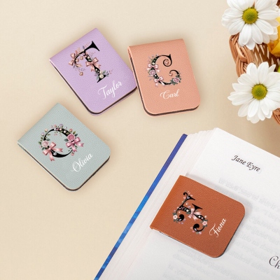 Personalized Name Floral Bow Pearl Alphabet Bookmark, Magnetic Leather Bookmark Clip, Birthday/Anniversary Gift for Book Lovers/Readers/Women