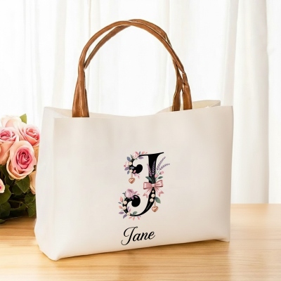 Personalized Name Floral Bow Pearl Alphabet Tote Bag, Large Capacity Canvas Handbag with Leather Handles, Birthday/Wedding Gift for Women/Bridesmaids