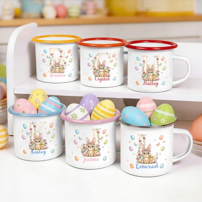 Custom Name Floral Bunny Alphabet Easter Enamel Mug, 12oz Cup with Handle, Tin Camping Mug, Easter Party Favor, Birthday/Easter Gift for Kids